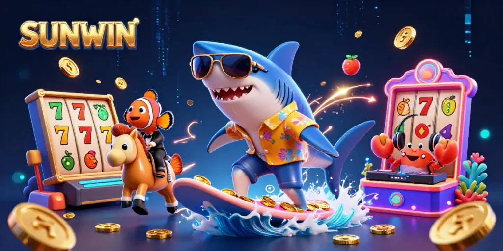 SUNWIN showcases a lively 3D scene featuring animated characters representing fun casino elements including slot reels and gold coins.