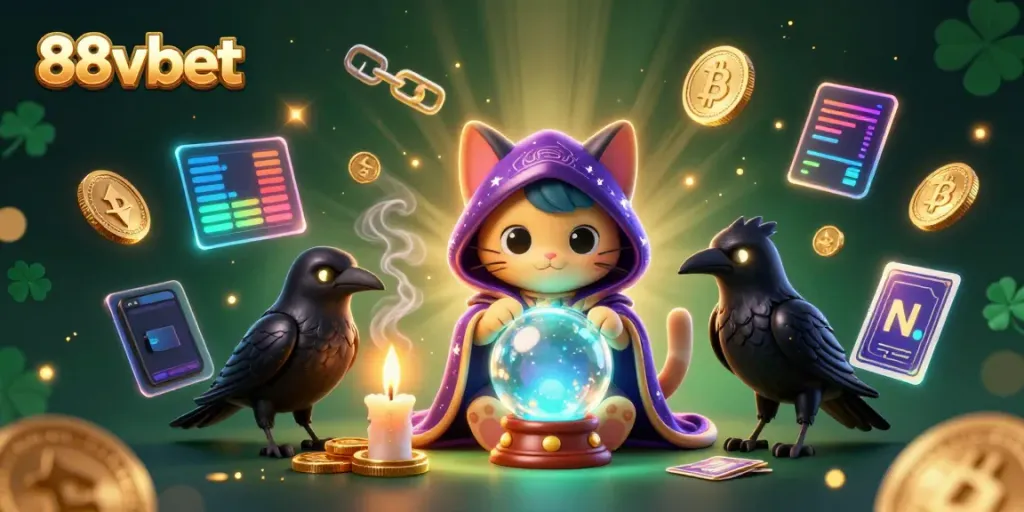 Engage with 88vbet's mystical 3D scene, showcasing fortune teller cat and tarot raven amidst vibrant casino elements.