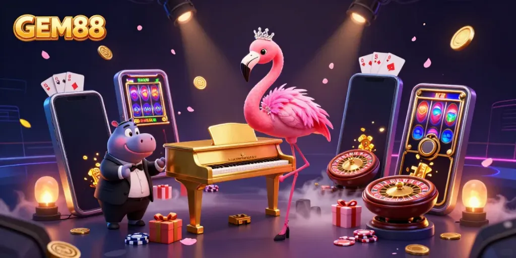Experience vibrant casino action with GEM88's lively characters and thrilling game elements.