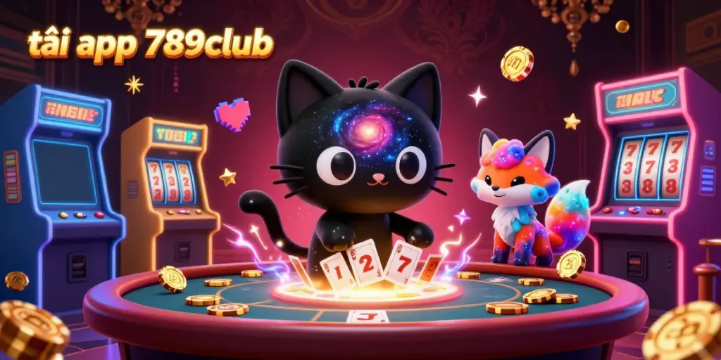 Engaging visuals of tải app 789club featuring a black hole cat and nebula fox at a cosmic casino table.