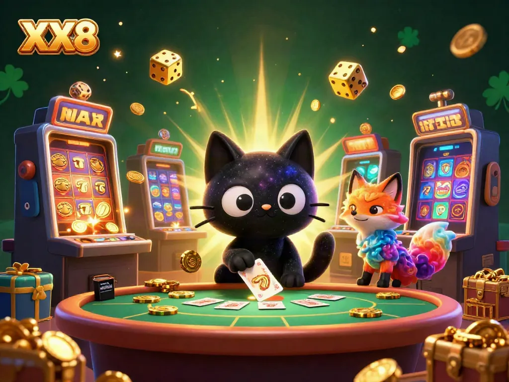 Experience the excitement of XX8 casino with a cosmic black hole cat and colorful fox attracting golden chips.