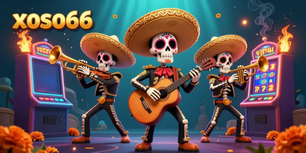 Experience gaming excitement with xoso66 in a vibrant 3D scene featuring a festive mariachi band and slot machines.