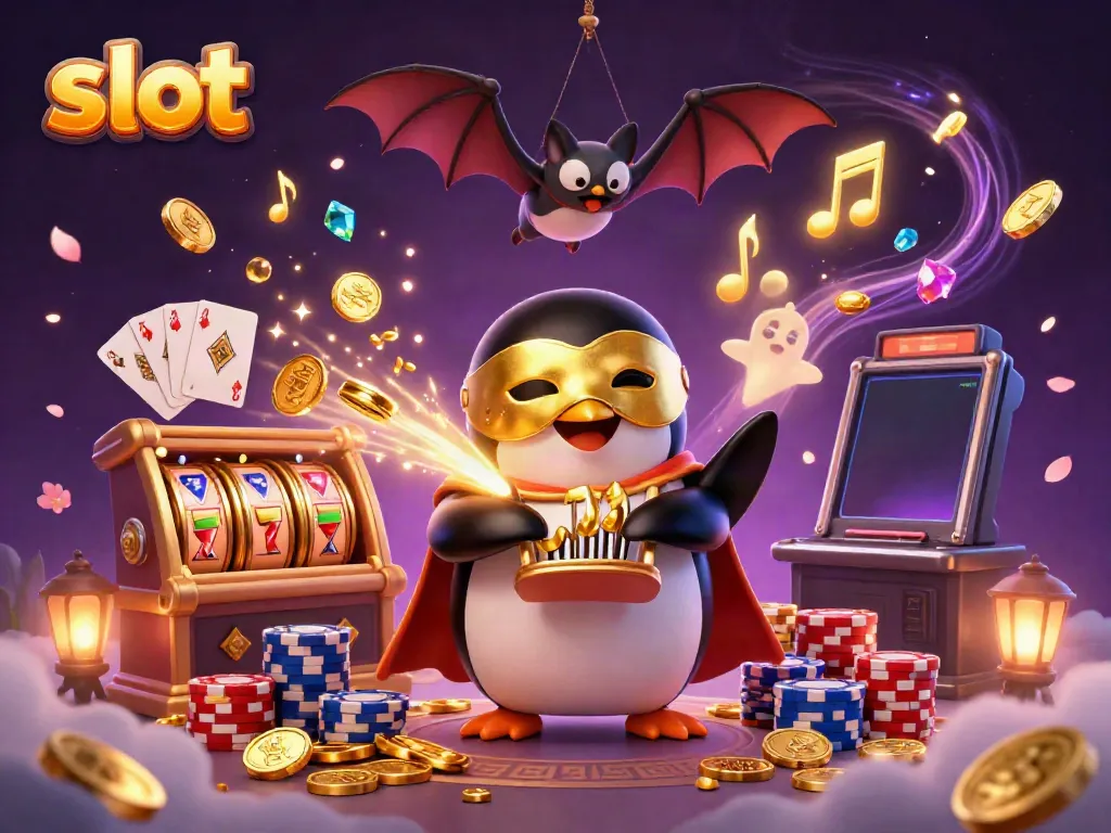 Slot menarik dengan penguin beropera menembakkan koin emas dari alat musiknya.