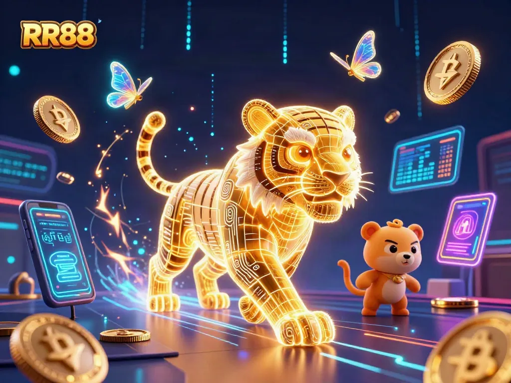 Engage in exciting gameplay with RR88, where neon tigers and cryptocurrency collide in a dazzling casino.