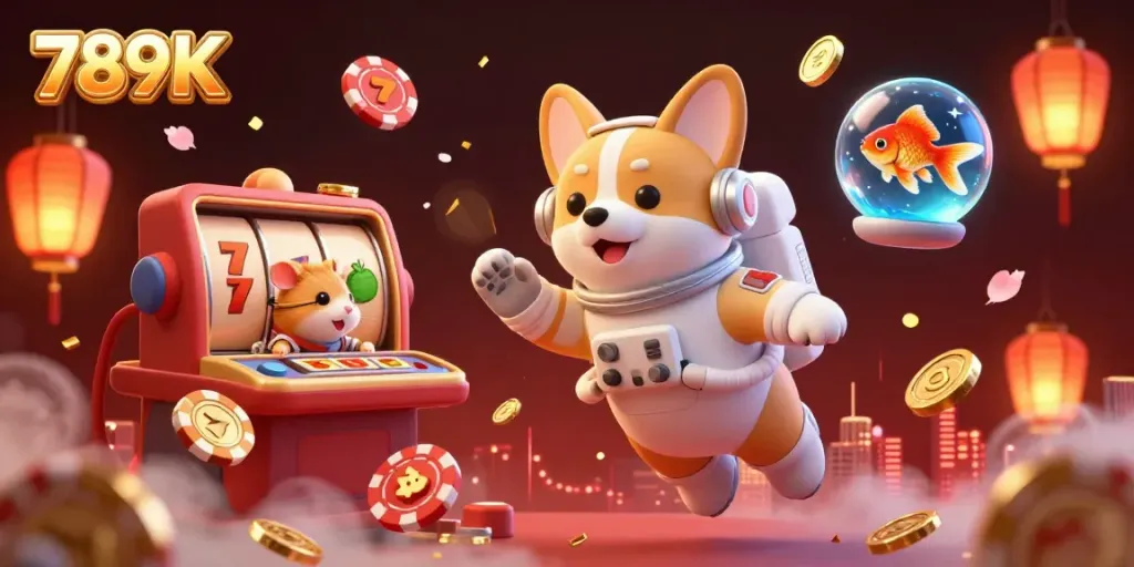 Play exciting slots at 789K, where an astronaut corgi explores a colorful casino in space.