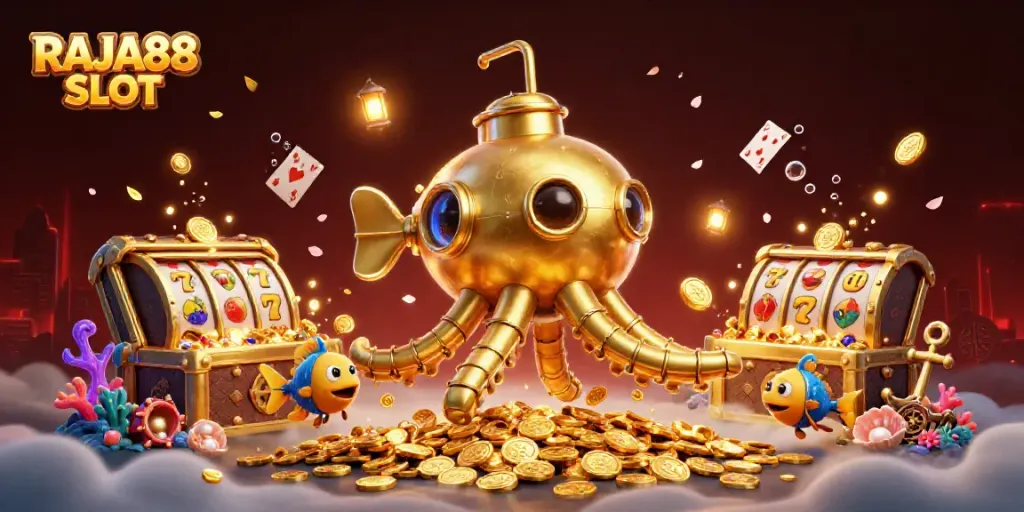 Experience the thrill of RAJA88 SLOT with a lively scene of a golden kraken submarine amid vibrant treasures.