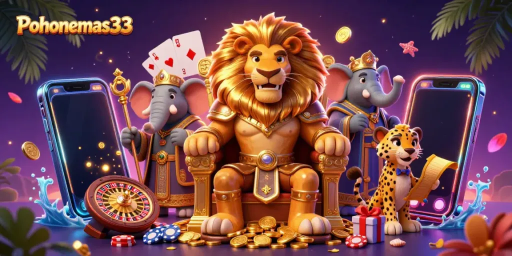Pohonemas33 hadir dengan aksi seru permainan slot online yang menampilkan karakter raja singa, gajah, dan cheetah.