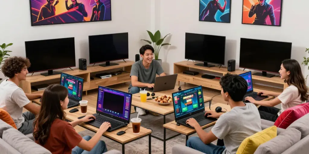 Group of friends enjoying davo88 Togel games in a lively living room.