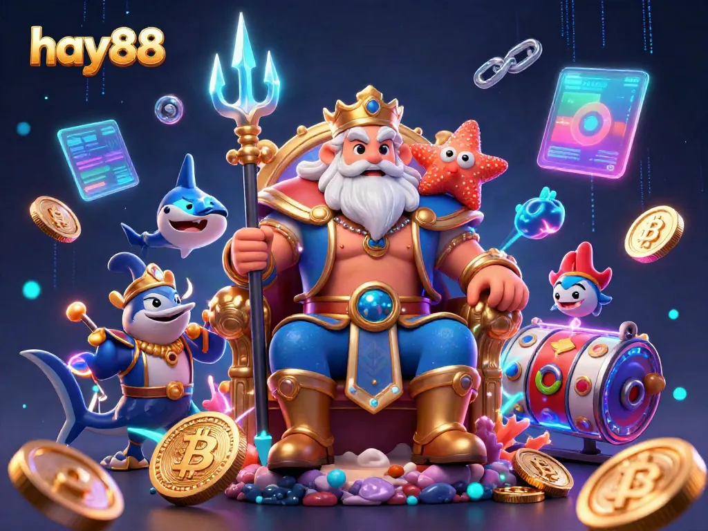 Experience the thrill of hay88 with Neptune and a swordfish guard in a vibrant casino world.