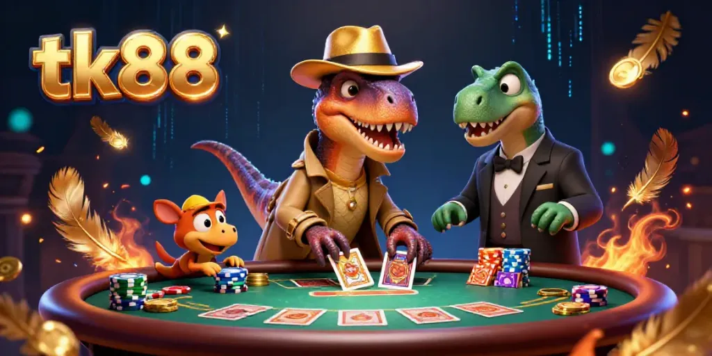Engage in thrilling casino action with a velociraptor disguised at a blackjack table in a vibrant tk88 scene.