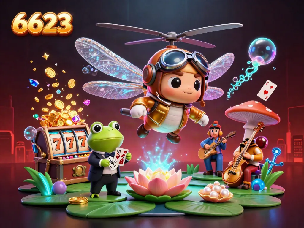 Engage with 6623 as a vibrant 3D casino scene filled with action, featuring a dragonfly pilot and frog croupier.