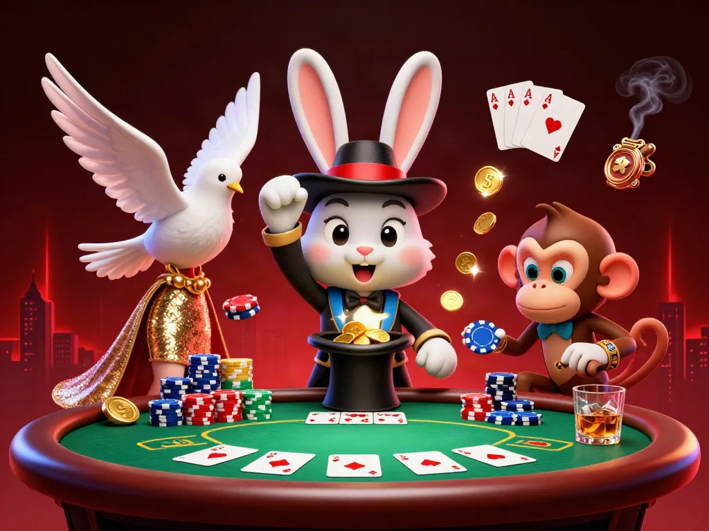 Experience the thrill of gaming with fly88, a vibrant scene of a magician rabbit and friends celebrating casino action.