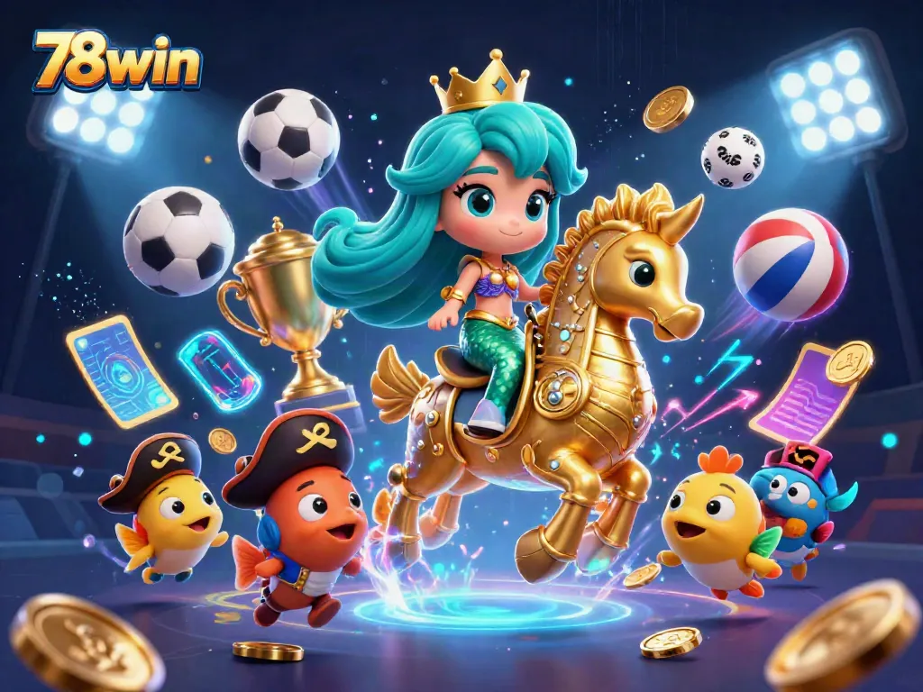 Experience the excitement of 78win with vibrant sports elements and colorful characters in this captivating illustration.