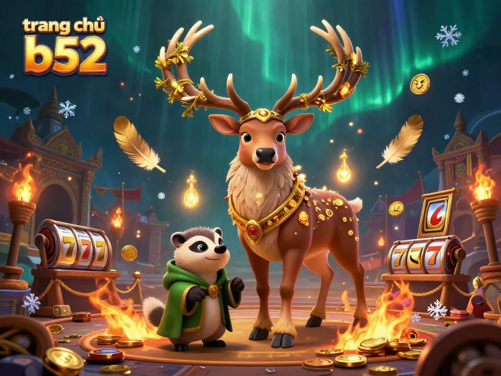 Experience the excitement on trang chủ b52 with a vivid illustration of characters amidst a dynamic casino atmosphere filled with gaming symbols and treasures.
