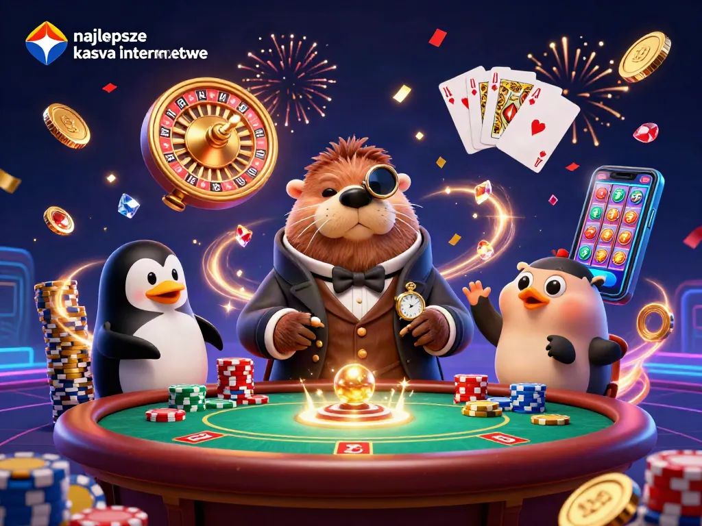 Experience the excitement at najlepsze kasyna internetowe with lively walrus, dealer, and pufferfish amidst dazzling casino elements.