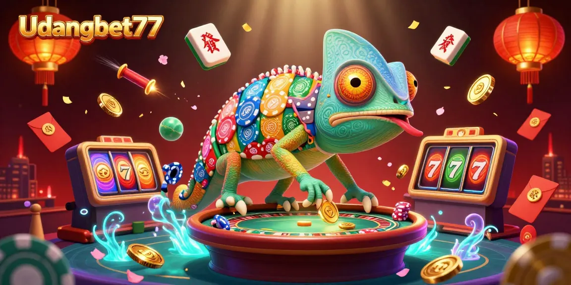 Experience the thrill of Udangbet77 with a vibrant casino illustration featuring slots and games.