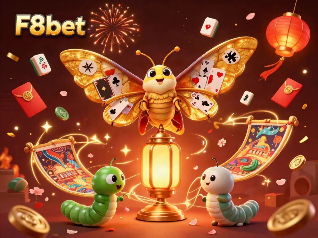 Engage with F8bet’s thrilling casino world, featuring golden moths and vibrant gaming elements.