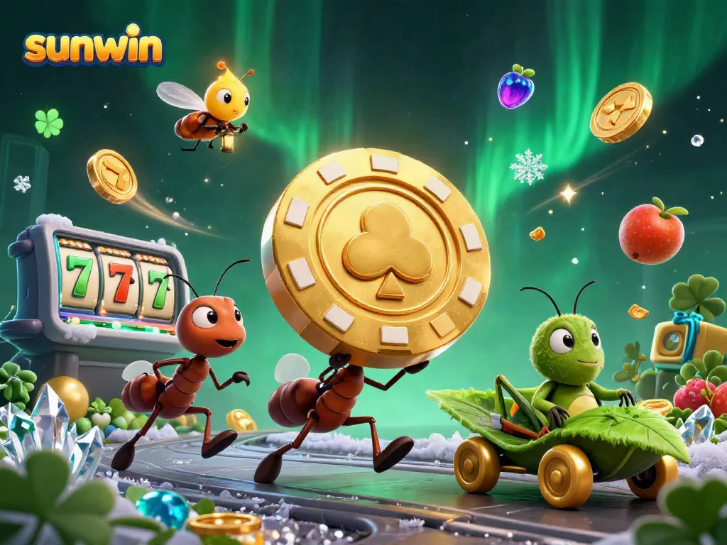 Ants carrying a giant poker chip in a vibrant casino-themed scene, showcasing sunwin.