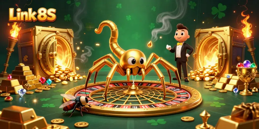 Engage with the thrilling Link 8S scene featuring a golden spider, roulette wheel, and croupier elements.