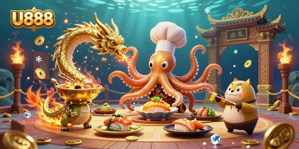 Experience thrilling gameplay at U888 with a cartoon octopus chef and exciting casino elements.