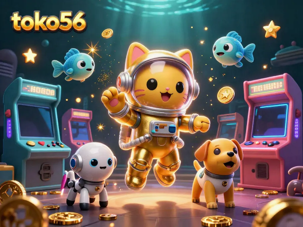 Engage with exciting games at toko56, featuring a dynamic scene with a space cat and robot, surrounded by casino elements.