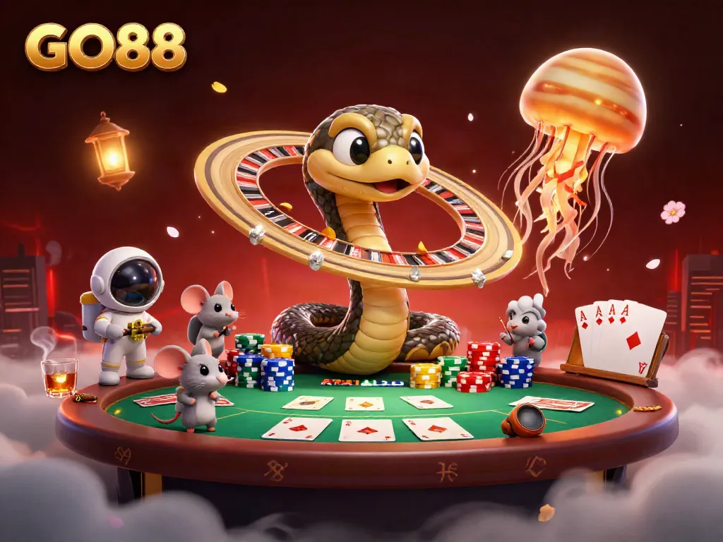 Engage in GO88's thrilling casino scene with astronauts betting on a roulette wheel in space.