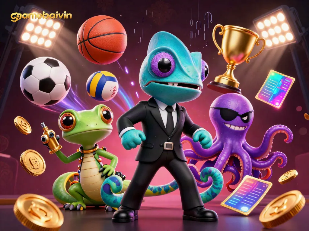 Engage with gamebaivin while witnessing vibrant casino excitement, featuring dynamic characters and flying sports elements.