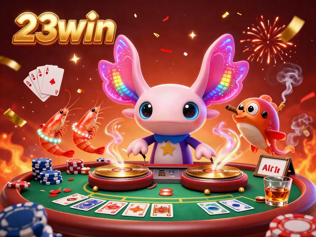 Experience the vibrant gaming energy of 23win with a colorful underwater party scene featuring a DJ axolotl and casino elements.