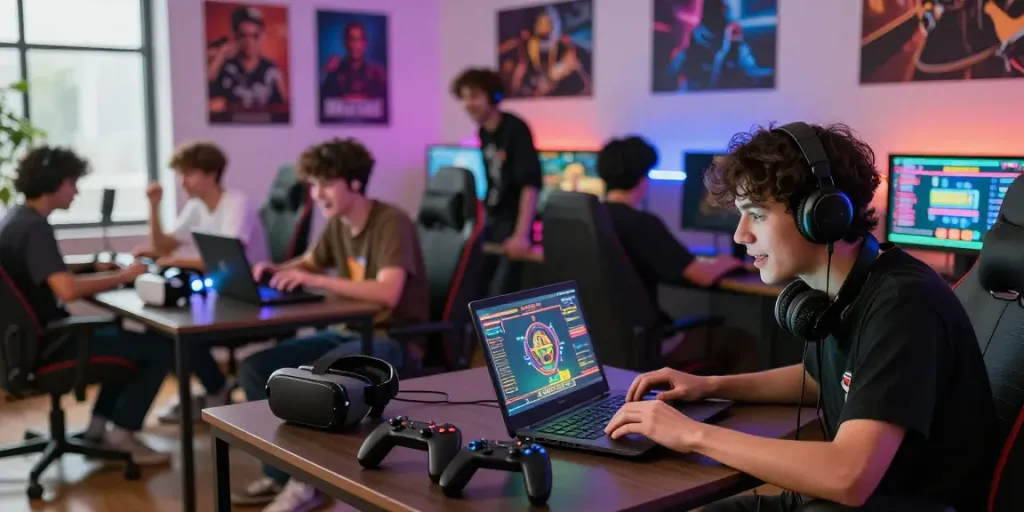 Wismabet memperlihatkan suasana bermain game online di ruang tamu dengan gamer muda yang bersemangat.