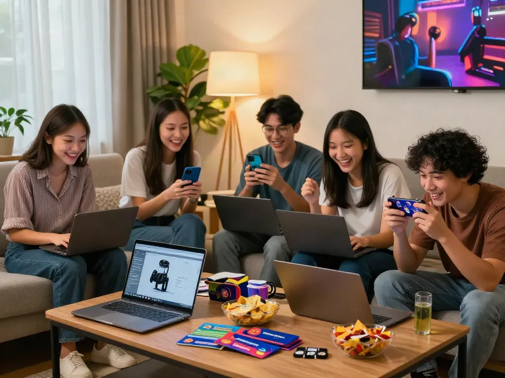 Friends enjoying gaming merchandise while browsing warung168 in a cozy living room.