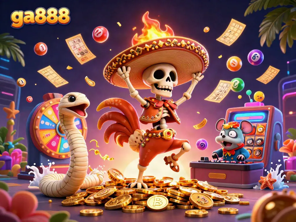 Experience the thrill of ga888 with vibrant characters celebrating on a gold coin pile.