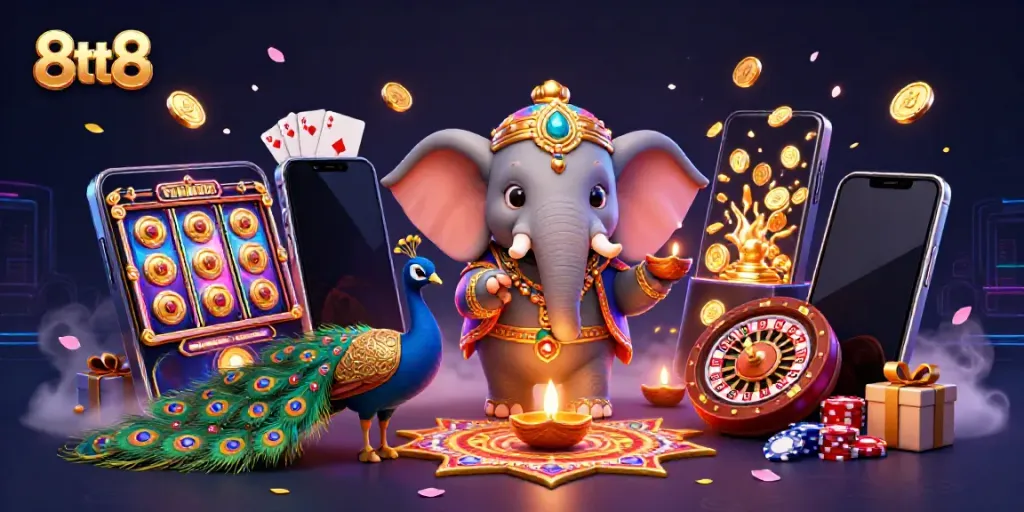 Engage with 8tt8 in an immersive casino scene featuring a vibrant Diwali-themed design.