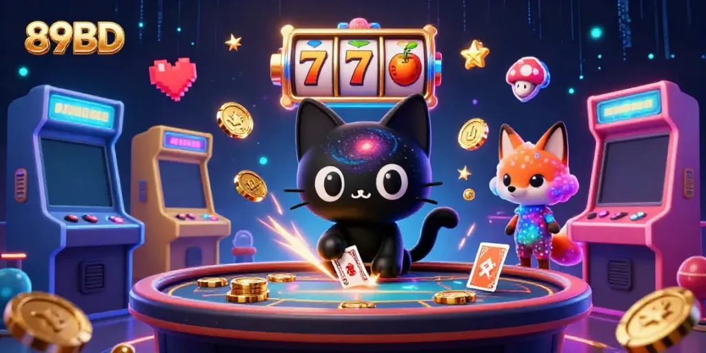 Engage with 89BD's cosmic casino scene featuring a black hole cat and vibrant gaming elements.