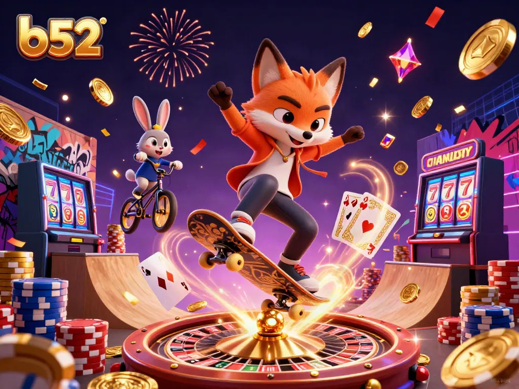Experience the excitement of b52 with a vibrant casino-themed illustration featuring animated characters.