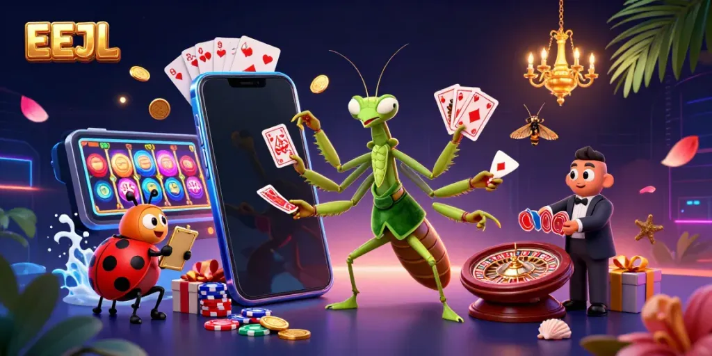 EEJL casino scene with a giant mantis card sharp and ladybug pit boss showcasing exciting gaming elements.