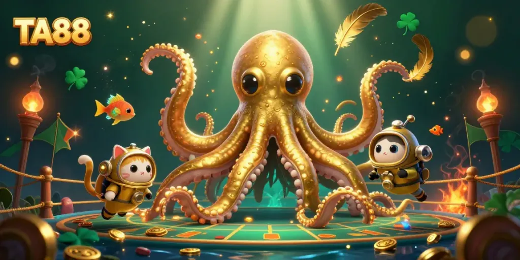 TA88 engages with a captivating kraken and diving cat amid a dynamic sports betting arena.