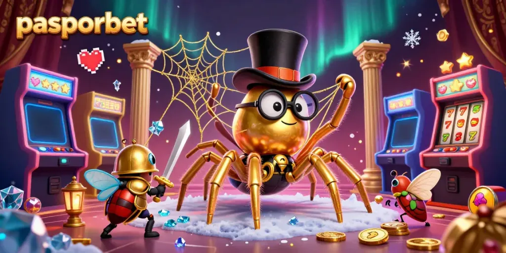 Memperoleh cuan jutaan di pasporbet dengan ilustrasi kasino premium yang menampilkan tarantula emas dan ksatria kecil.