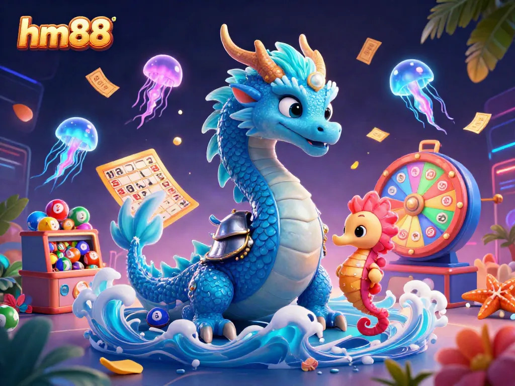 Engage with exciting gameplay elements at hm88, featuring vibrant lottery balls and a dynamic dragon scene.