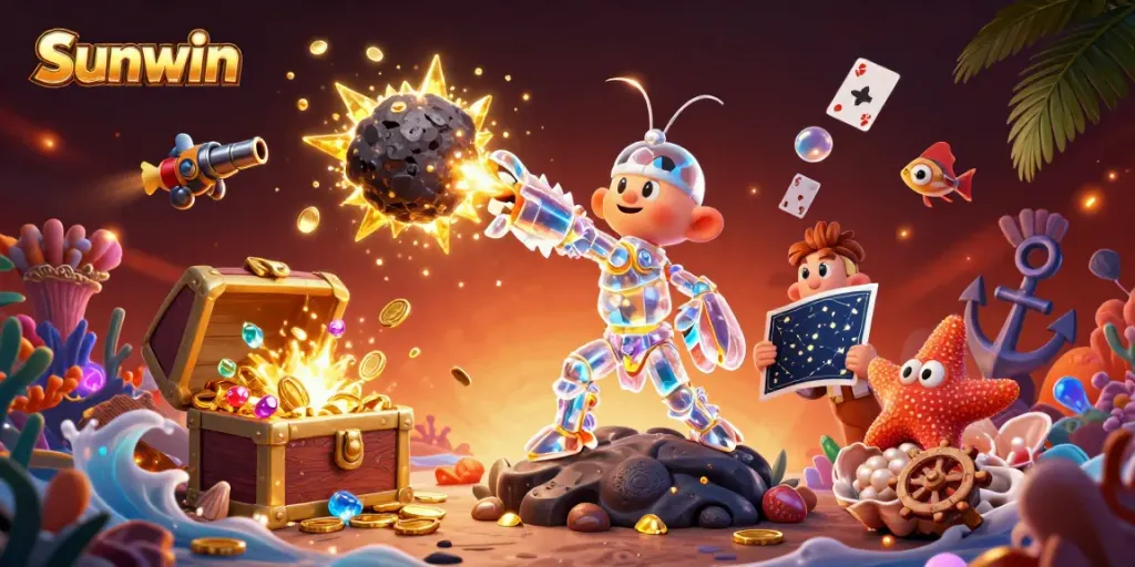 Experience the dazzling Sunwin gaming adventure with a dynamic 3D illustration of colorful gems, games, and underwater treasures.