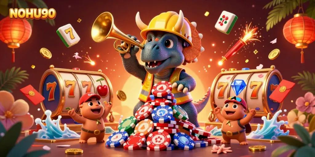 Join the excitement at NOHU90 with a vibrant 3D illustration emphasizing casino games and jackpots!
