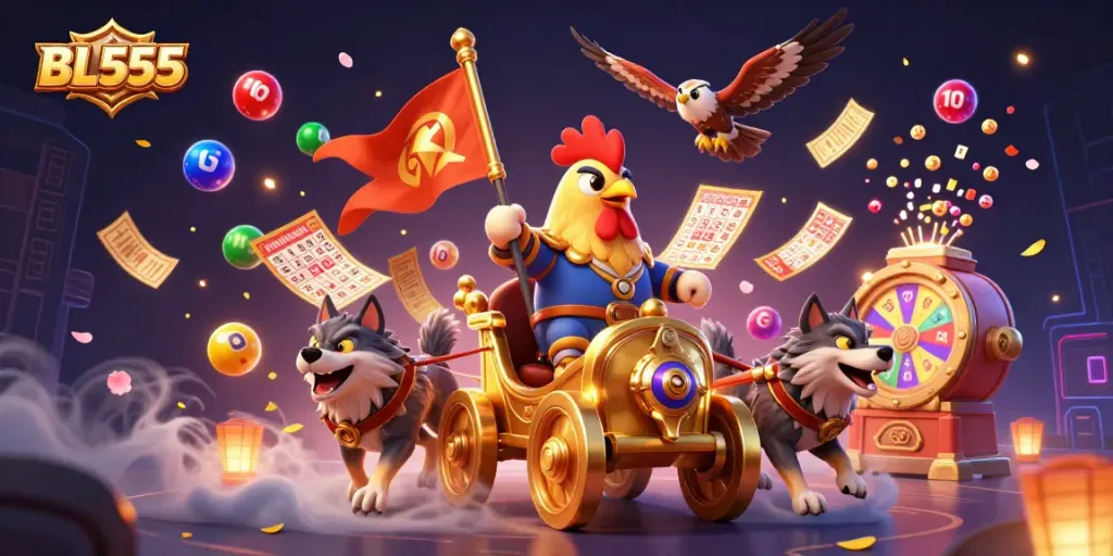 Engage in thrilling gameplay at BL555 with a dynamic casino scene featuring a rooster warlord and vibrant lottery elements.