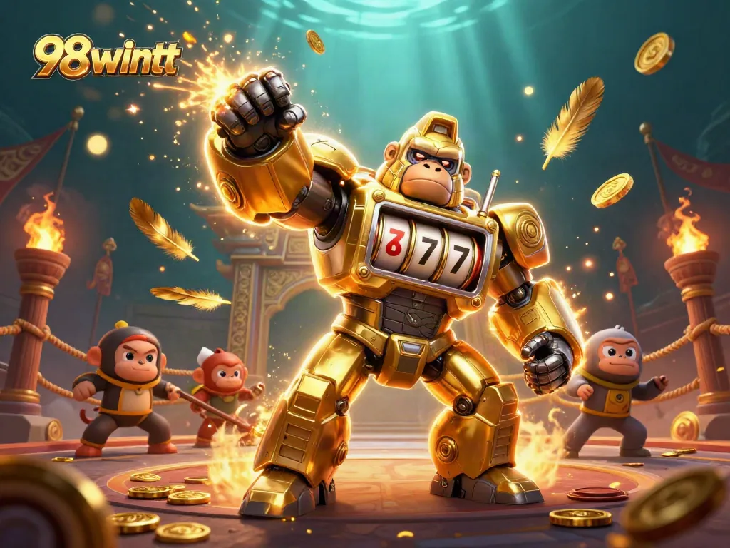 Experience the thrill of 98wintt as the golden gorilla mech triumphs in a vibrant casino challenge