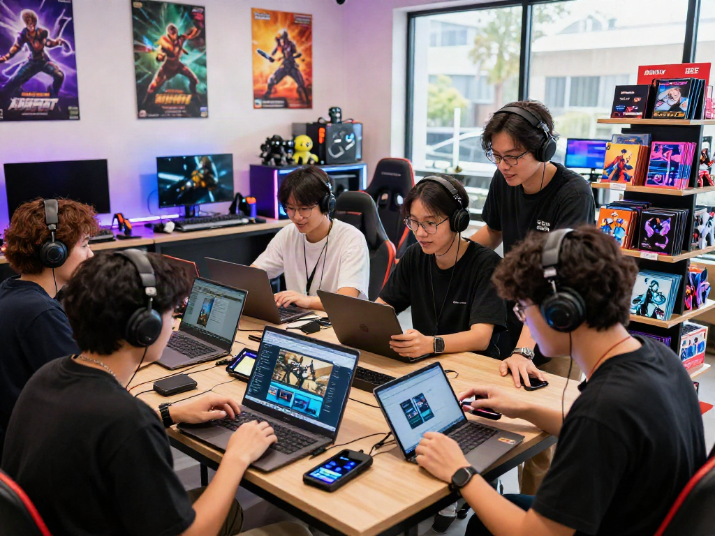 Gamers exploring digital game vouchers at warung168's vibrant marketplace