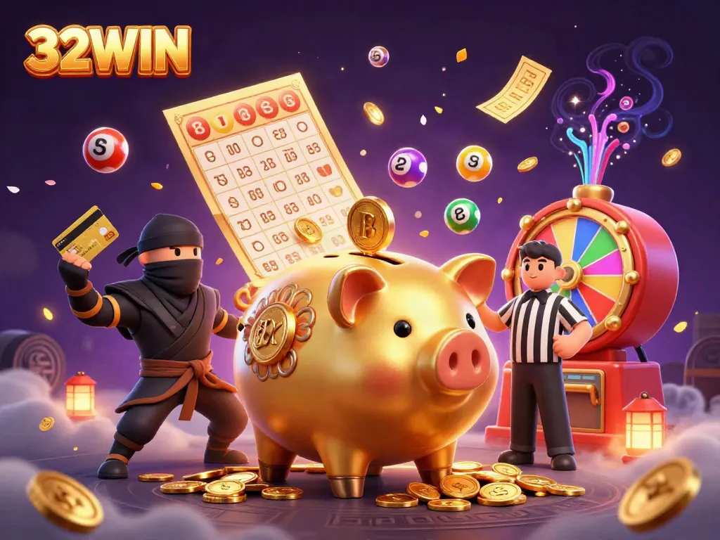 Experience thrilling gambling action with 32WIN in a vibrant 3D design featuring dynamic characters and casino elements.