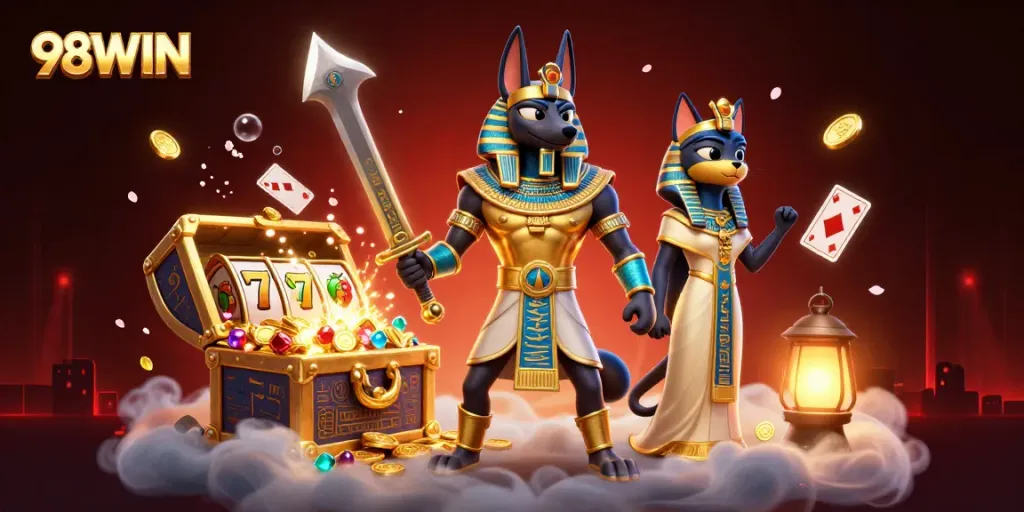 Celebrate wins with 98WIN's vibrant gaming adventures in this colorful casino scene.