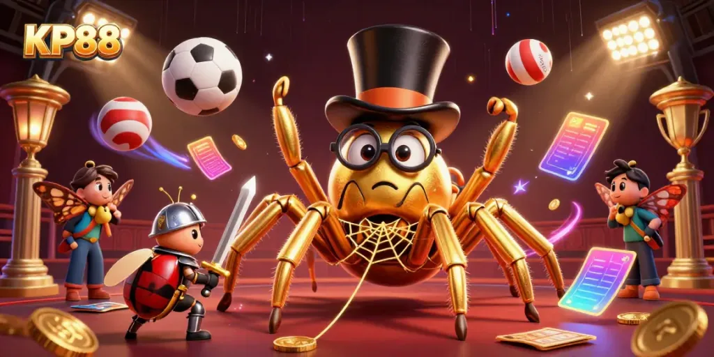 KP88 dazzling casino scene with a golden tarantula and knight, dynamic sports elements