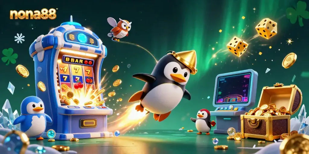 Nona88 themed illustration featuring a golden penguin rocket, slot machine, and casino visuals