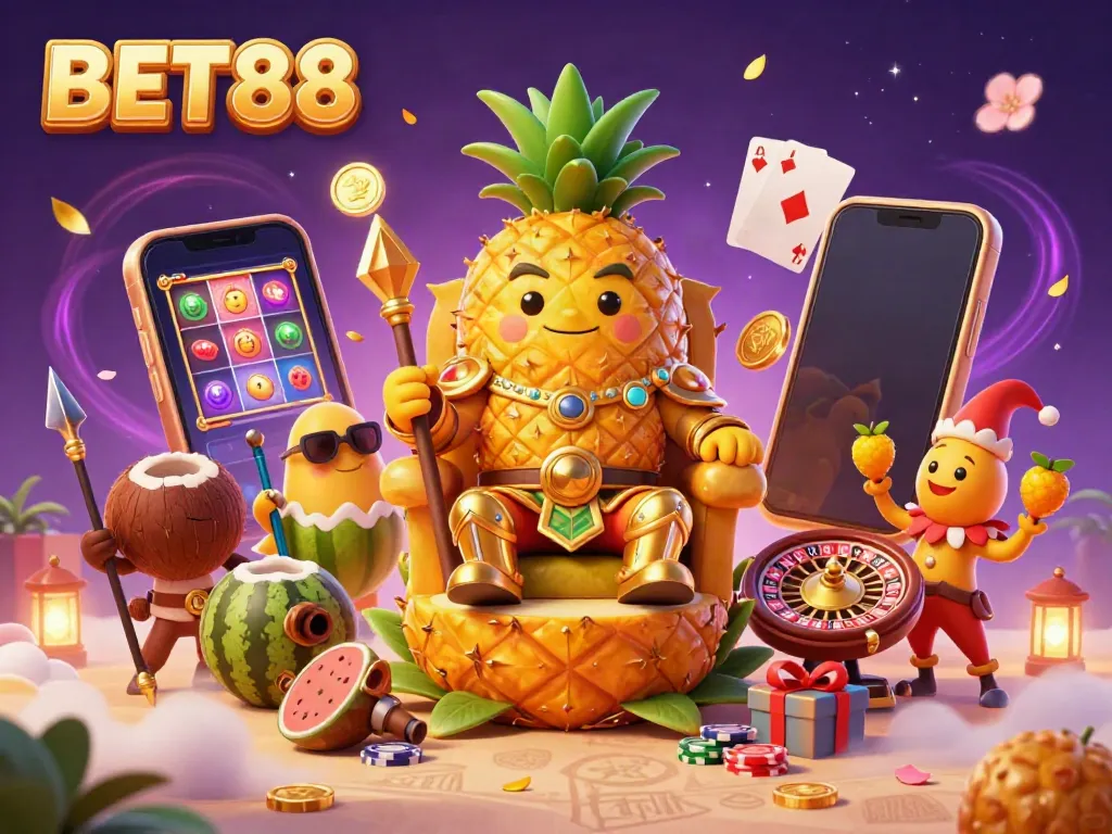Spin and win at BET88 with a vibrant, animated casino scene featuring a golden pineapple king.
