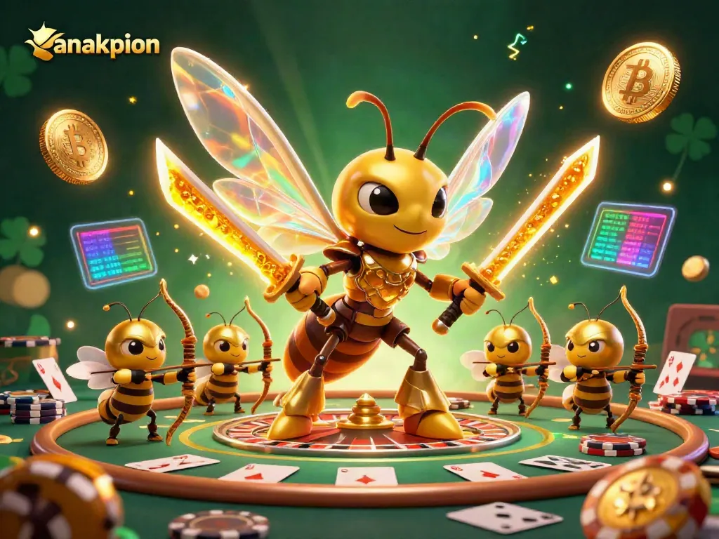 An exciting casino scene with "anakpion" featuring a hornet and bee archers amidst poker chips and neon crypto coins.