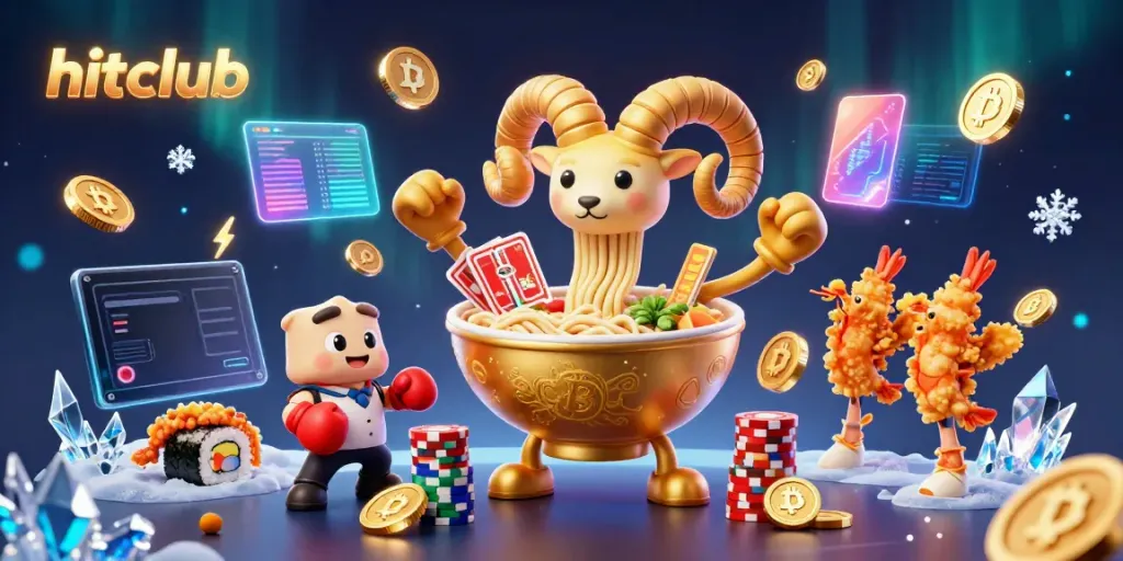 Engage in thrilling gameplay at hitclub, where a golden ramen bowl dealer brings excitement as cards and chips flutter around.